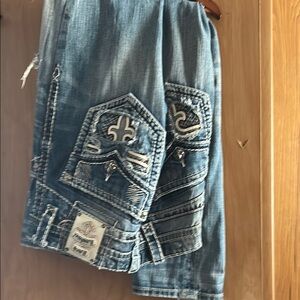 Rock Revival Blue Slim Straight Jeans with Embroidered Pockets